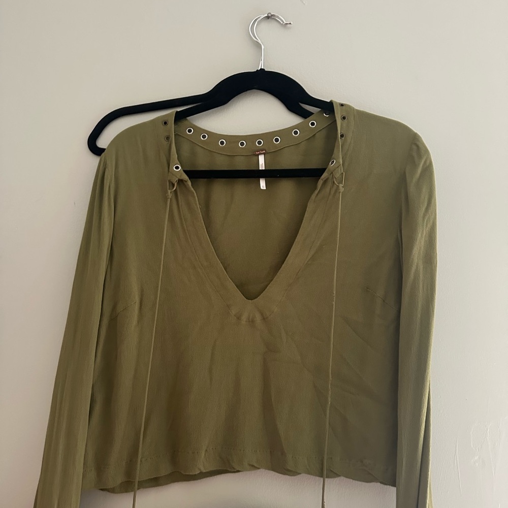 Free People Green Long Sleeve Crop Blouse